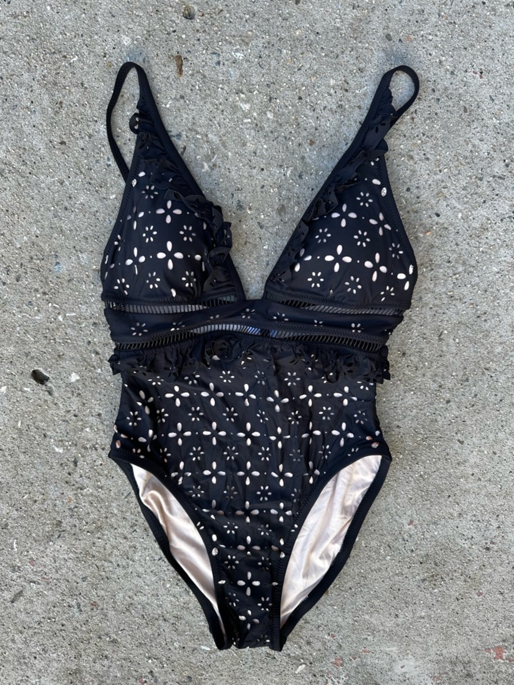 NWT J.Crew Black Nude Eyelet One Price Swimsuit Ruffle Spaghetti Strap Sz 2 READ